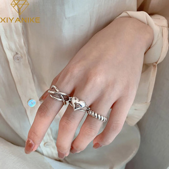 XIYANIKE 925 Sterling Silver Couple Multilayer Love Heart Open Ring Female Fashion Twist Thai Silver Index Finger Handemade Gift