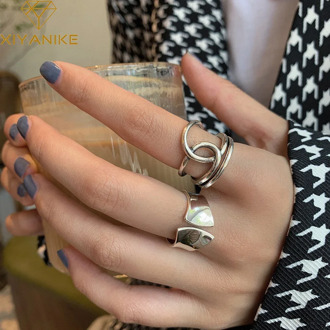 XIYANIKE 925 Sterling Silver Cross Thick Line Rings Female Trend INS Adjustable Index Finger Ring Wide Irregular Retro Ring Gift