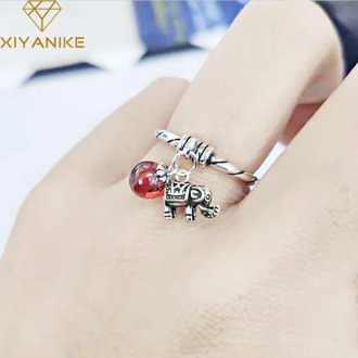 XIYANIKE 925 Sterling Silver Engagement Ring for Women Couple Vintage Simple Elephant Pendant Handmade Finger Jewelry Gifts