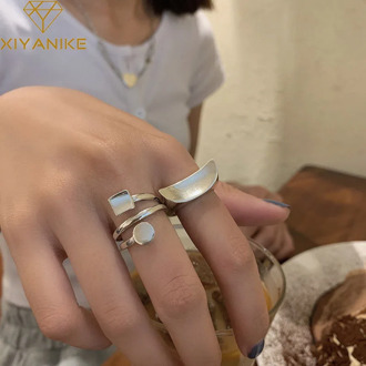XIYANIKE 925 Sterling Silver Geometric Glossy Open Ring Female Simple Texture Retro Moon Trend Handmade Index Finger Ring Gifts