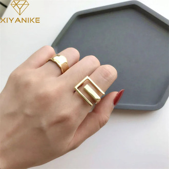 XIYANIKE 925 Sterling Silver Geometry INS Simple Ring Female Fashion Design Rectangular Hollow Flat Open Ring Jewelry