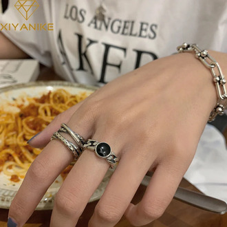 XIYANIKE 925 Sterling Silver Korean Black Gemstone Twist Double Layer Cross Retro Open Ring Couple Fashion Hip-hop Distressed