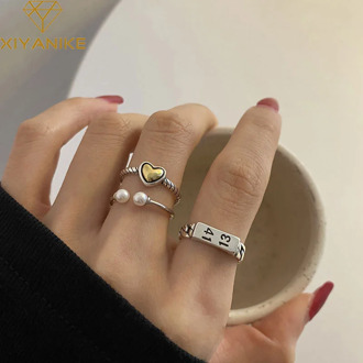 XIYANIKE 925 Sterling Silver Korean INS Love Heart Digital Pearl Open Ring Female Light Luxury Unique Design Fashion Jewelry