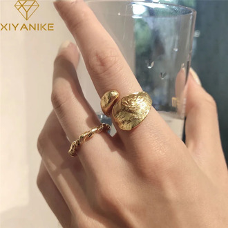 XIYANIKE 925 Sterling Silver Korean Style Drop-Shaped Golden Irregular Tin Foil Texture Open Ring female Fashion Jewelry