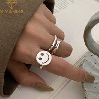 XIYANIKE 925 Sterling Silver Minimalist Smiling Face Rings for Women Wedding Couple Simple Geometric Handmade Ring Party Jewelry