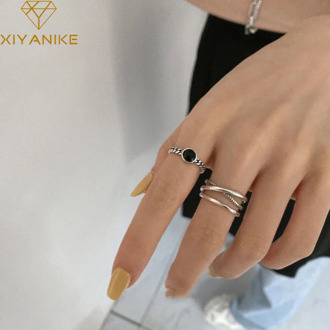 XIYANIKE 925 Sterling Silver New Arrival Black Round Inlaid Zircon Rhinestone Chain Ring Cool Fashion Women Elegant Open Кольцо