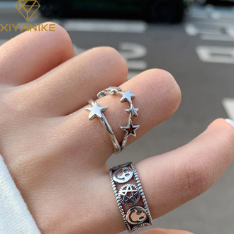 XIYANIKE 925 Sterling Silver New Fashion Opening Rings Vintage Star Pentagram Smiling Face Party Jewelry Gifts for Women Couple