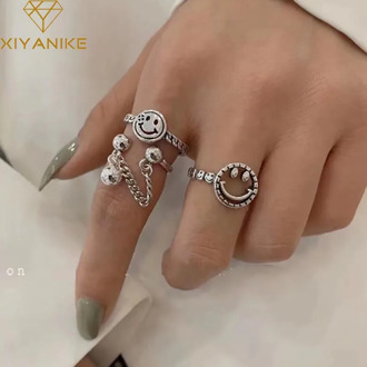 XIYANIKE 925 Sterling Silver Party Rings Vintage Hollow Smiling Face Geometric Handmade Jewelry Gifts for Women Couple