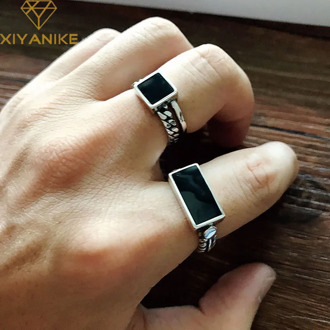 XIYANIKE 925 Sterling Silver Punk Hiphop Rings for Women Vintage Geometric Handmade Thai Silver Trendy Party Finger Jewelry Gift