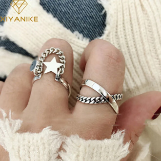 XIYANIKE 925 Sterling Silver Tassel Chian Stars Rings for Women Couples Vintage Weaving Cross Geometric Hiphop Rock Jewelry Gift