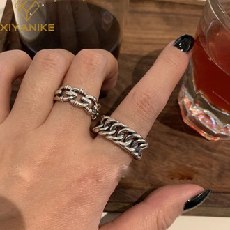 XIYANIKE 925 Sterling Silver Thick Thin Chain Ring Retro Men And Women INS Trend Fashion Opening Adjustable Simple Personality