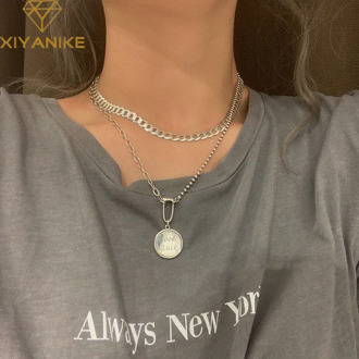 XIYANIKE 925 Sterling Silver Trendy Necklace for Women Couples Vintage Simple Good Luck Round Card Clavicle Chain Party Jewelry