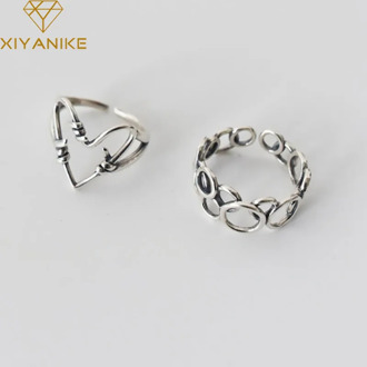 XIYANIKE 925 Sterling Silver Trendy Rings for Women Couples Vintage Weaving Hollow Geometric Thai Silver Party Jewelry Gifts