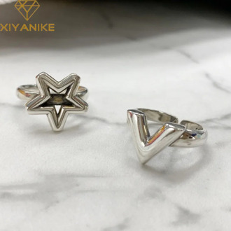 XIYANIKE 925 Sterling Silver Vintage Hollow Pentagram Finger Rings for Women Wedding Couple Fashion Elegant Party Jewelry Gifts