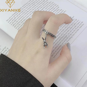 XIYANIKE 925 Sterling Silver Vintage Weaving Handmade Rings Trendy Cute Rabbit Pendant Party Jewelry Adjustable for Women Couple