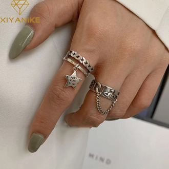 XIYANIKE INS Trendy 925 Sterling Silver Creative Pentagram Chain Tassel Opening Rings Thai Silver Elegant Jewelry Gift for Women