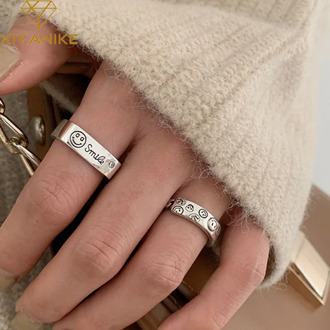 XIYANIKE INS Trendy 925 Sterling Silver Smiling Face Width Finger Rings for Women Couple Vintage Square Geometric Jewelry Gifts