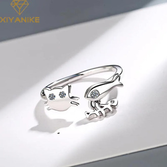XIYANIKE Newly Arrived 925 Sterling Silver Creative Fashion Simple Cat Fish Crystal Rings Jewelry For Women Size 16mm Adjustable