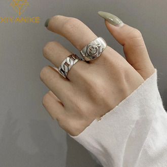 XIYANIKE Trendy 925 Sterling Silver Smiling Face Width Ring for Women Vintage Weaving Party Accessories Hiphop Rock Jewelry Gift