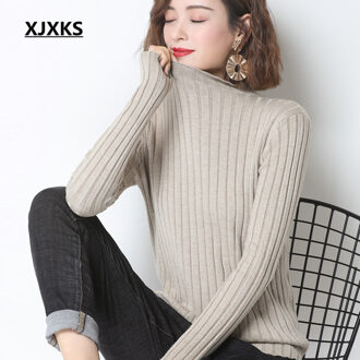 Xjxks Effen Kleur All-Match Hoge Elastische Vrouwen Hemd Lente Comfortabele Cashmere Gebreide Trui Vrouwen Trui khaki