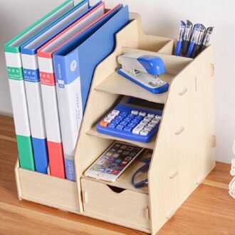 XRHYY Opbergdoos Houten Desktop A4 Multi-layer Bestand Plank Office Supply Afwerking Opbergdoos Informatie Boekenplank Studen Beige