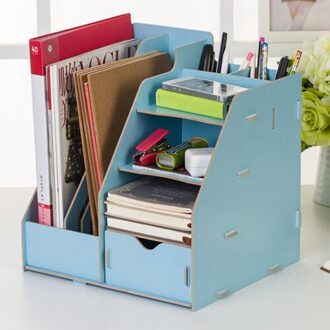 XRHYY Opbergdoos Houten Desktop A4 Multi-layer Bestand Plank Office Supply Afwerking Opbergdoos Informatie Boekenplank Studen blauw