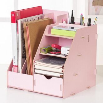 XRHYY Opbergdoos Houten Desktop A4 Multi-layer Bestand Plank Office Supply Afwerking Opbergdoos Informatie Boekenplank Studen roze