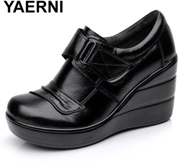YAERNI Cowhide genuine leather platform spring and autumn deep mouth single shoes high-heeled platform women's shoes wedges E431