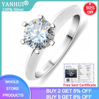 YANHUI With Certificate Solitaire Ring Real 925 Sterling Silver 7mm 1.5ct Sona Diamond Wedding Band Rings Women Bridal Jewelry