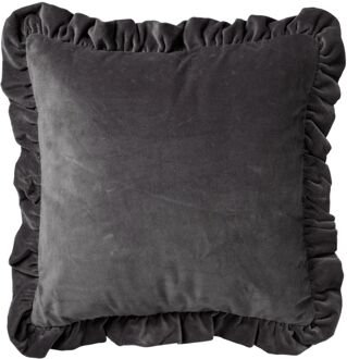 YARA - Sierkussen 45x45 cm - 100% katoen - velvet - met ruches - Charcoal Gray - antraciet Grijs