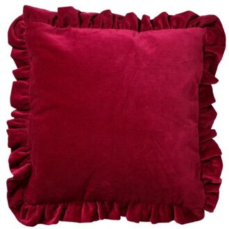 YARA - Sierkussen 45x45 cm - 100% katoen - velvet - met ruches - Red Plum - donkerroze Rood