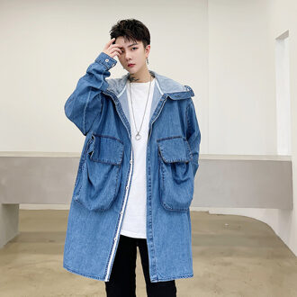 Yasuguoji Lente Grote Zakken Mannen Denim Jas Met Capuchon Cowboy Windjack Losse Oversized Lange Heren Trenchcoat Mannen blauw / Xl
