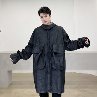 Yasuguoji Lente Grote Zakken Mannen Denim Jas Met Capuchon Cowboy Windjack Losse Oversized Lange Heren Trenchcoat Mannen zwart / M