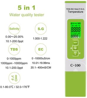 Yieryi 5 In 1 Tds/Ec/Zoutgehalte/S.G./Temperatuur Meter Digitale Water Monitor Tester Voor Zwembaden, Drinkwater, Aquaria met backlight