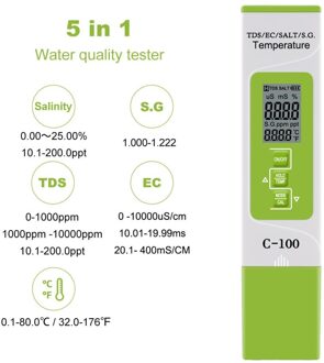 Yieryi 5 In 1 Tds/Ec/Zoutgehalte/S.G./Temperatuur Meter Digitale Water Monitor Tester Voor Zwembaden, Drinkwater, Aquaria nee backlight