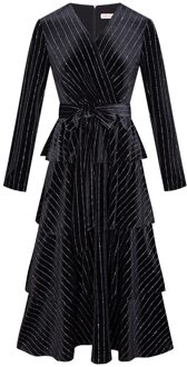 Yigelila Mode Black Dress V-hals Volledige Mouwen Gestreepte Jurk A-lijn Halverwege De Kuit Office Lady Empire Jurk 65450