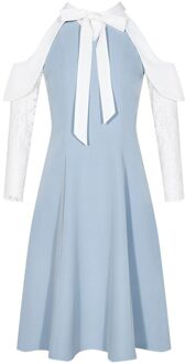 YIGELILA Patchwork Lange Mouwen Voor Herfst Jurk A-lijn V-hals knielange Zoete Jurk Korte Blue Jurk 65184