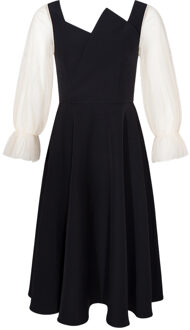 YIGELILA Vrouwen Mode Black Mid-kalf Jurk Empire Slim Party Dress V-hals Patchwork Mesh Lantaarn Mouw Lange Jurk 65140