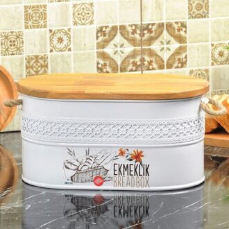 Yildiray Metalen Smeedijzeren Met Houten Deksel Brood Snijden Tahtalı Breadstuff Opslag Container Wit