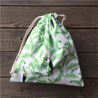 YILE 1 st Katoen Twill Koord Pouch Party Bag Print Groen Blad Zwarte Vogel YL812c S 20x18cm