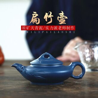 Yixing Aanbevolen Allemaal Hand Azure Modder Platte Bamboe Bamboe Thee Theepot Grote Product Handleiding