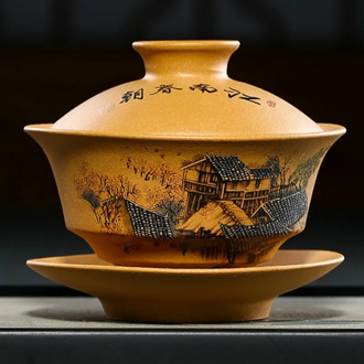 Yixing original ore purple sand hand-painted Jiangnan Chun dynasty gaiwan household Kung Fu three talent gaiwan Soperas LB80313