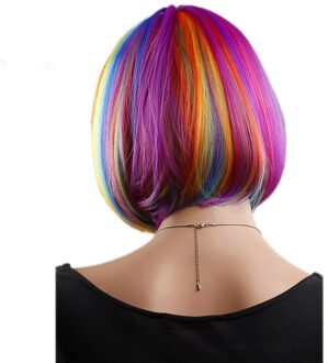 Yiyaobess 12 inch Synthetisch Haar Korte Regenboog Pruik Met Pony Kleurrijke Cosplay Pruiken Voor Vrouwen Japanse Vezel