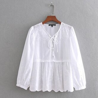 YNZZU Casual Borduren Womens Tops en Blouses Herfst Lange Mouwen Lace up Losse Witte Blouse Shirt blusa feminina YT397
