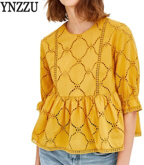 YNZZU Lente Vrouwen Geel Blouse Shirt Elegante Borduren O Hals Losse Vrouwelijke Blouses Tops blusas Dameskleding YT369