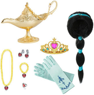 YOFEEL Girls Jasmine Jewelre Aladdin's Lamp Wig Princess Accesories Crown Wand Necklace Bracelet Earrings Sets for Kids Party