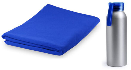 Yoga wellness microvezel handdoek en waterfles blauw - Sporthanddoeken