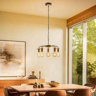 Yorik hanglamp met boomschijven, 5-lamps. zwart, licht hout