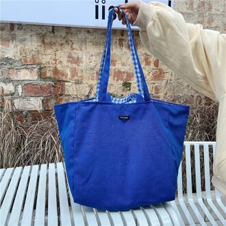 Youda Koreaanse Eenvoudige Rooster Dubbelzijdig Schoudertas Hoge Capaciteit Student Boek Winkelen Handtas Katoen Stof tassen Marineblauw