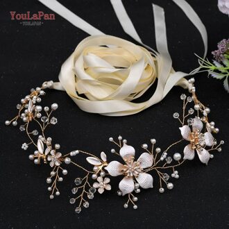 Youlapan SH357 Bruiloft Strass Trim Riem Gouden Bruids Riem Bloemen Bruids Sjerpriem Crystal Bruiloft Riemen Bruids Lint Sash ivoor lint